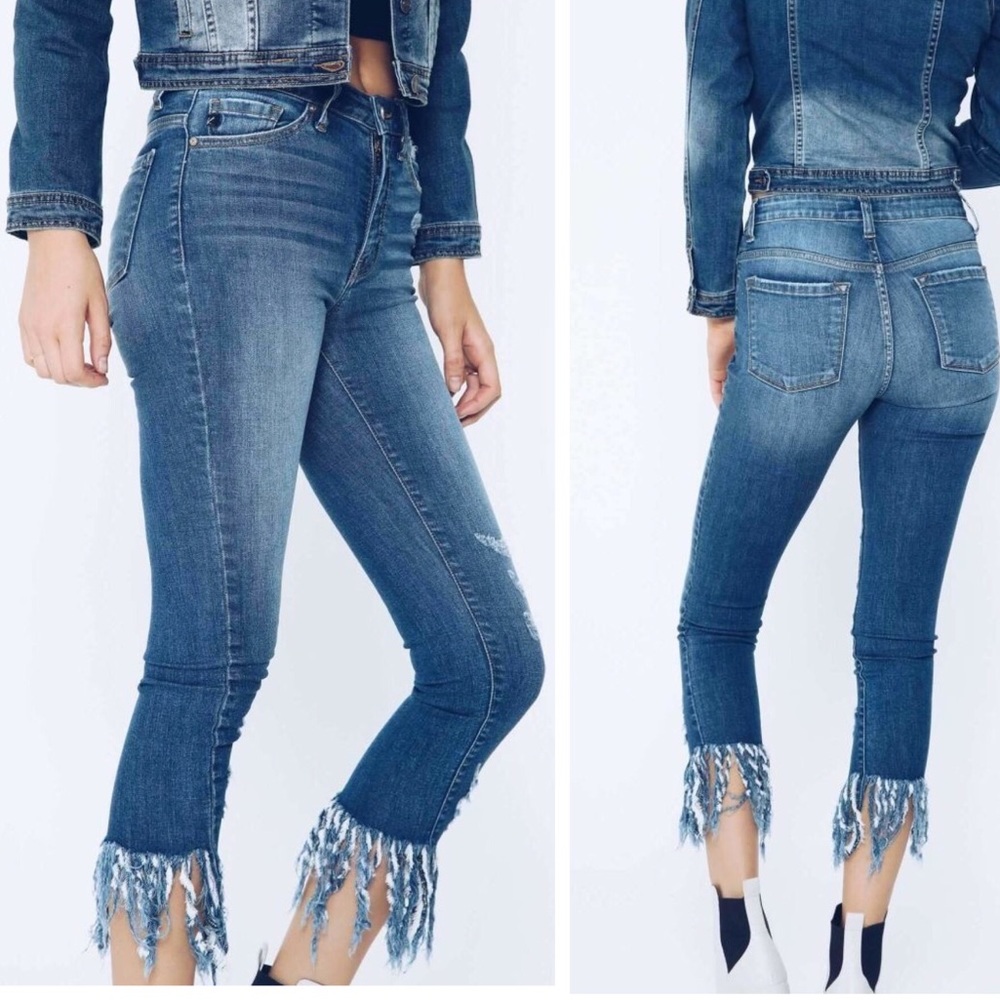 $ FIRM 🌷High Rise Distressed Jeans Frayed Hem - Picture 3 of 5